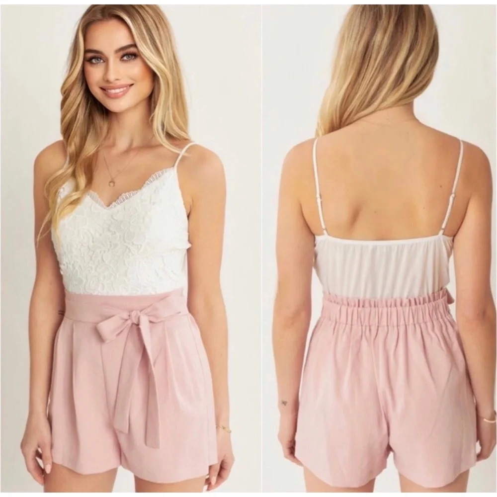 1 LEFT! Feminine Romantic One Piece Elegant Women’s Blush White Lace Romper - Picture 2 of 3